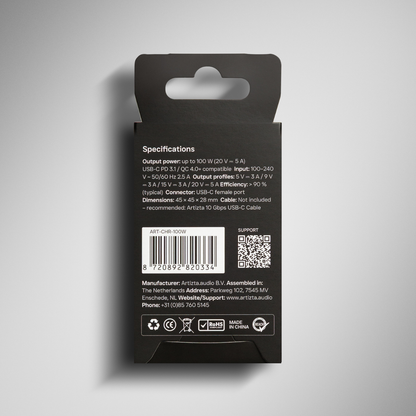 Artizta USB-C 100W Oplader, Zwart, Power Delivery 3.1